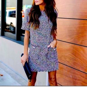 Vici Pastel Rainbow Tweed Dress with Pearl Buttons